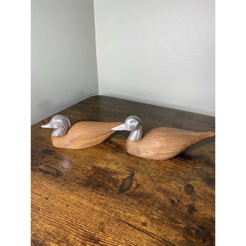 Vintage Wooden Ducks with Silver Stainless Steel Tone Metal Head